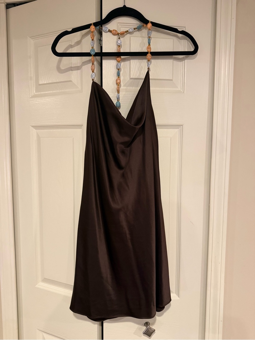 Satin Cowl Neck Mini Dress in Chocolate Brown